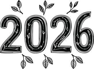 typography of 2026 drawn with thin black outline, filled inside with fine leaf patterns and small branch lines