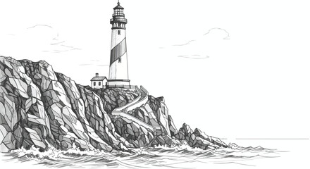 Fototapeta premium Lighthouse on rocky coastal cliff sketched in monochrome style, serene maritime illustration.
