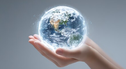 Hands gently cradling a glowing earth encased in a transparent shell