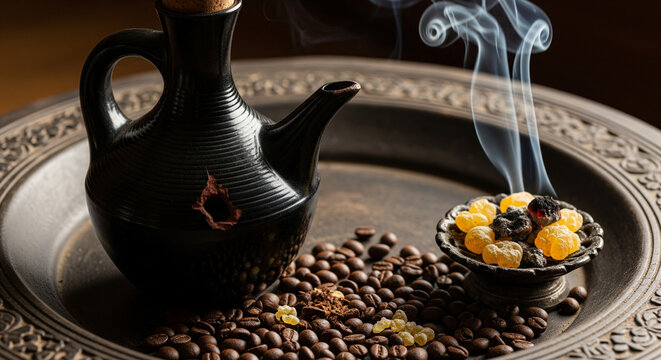 Traditional Ethiopian coffee ceremony setup with jebena, beans, and frankincense

A rich, dramatic still life capturing elements of a traditional Ethiopian or Eritrean coffee ceremony (Buna)