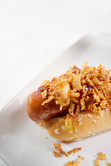 Hot dog with crispy onions ketchup mustard