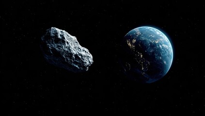Giant asteroid approaches a blue planet with visible city lights in the dark cosmos