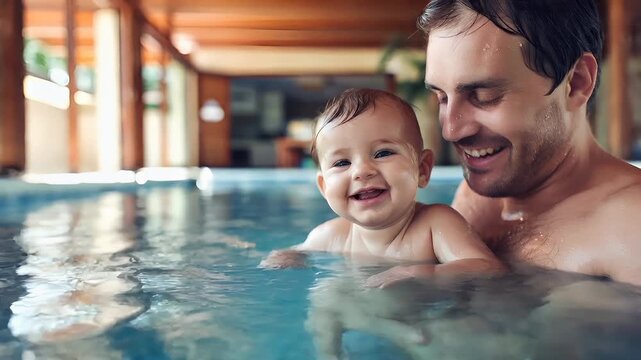 A man and a baby in a swimming pool with water splashing around them. The man and baby are both smiling and appear to be enjoying their time together.