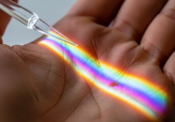 Close up elderly hands handing a prism shard of light to young hands symbolic experience clarity insight guidance