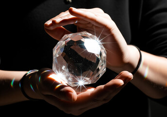 Close up elderly hands giving a faceted crystal of light to young hands symbolic truth perspective compassion community legacy