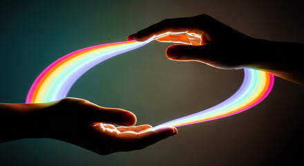 Close up elderly hands bending a thin rainbow beam into young hands symbolic emotion empathy creativity wisdom kindness