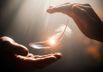 Close up elderly hands releasing a luminous feather into young hands symbolic meaning responsibility kindness wisdom