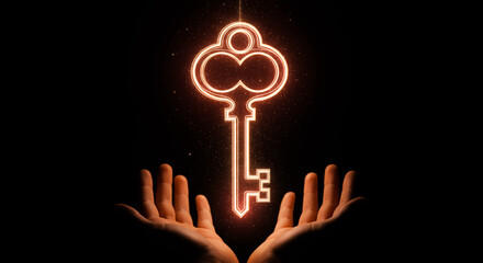 Close up elderly hands passing a heart shaped light key to young hands symbolic trust love wisdom responsibility