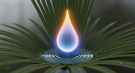A single tear like droplet made of light hovers above young palm, soft blue core, warm edge, micro ripple reflections on skin, hush atmosphere