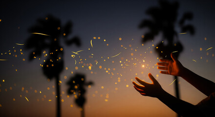 Close up elderly hands releasing a swarm of tiny fireflies into young hands symbolic inspiration wonder hope intergenerational connection