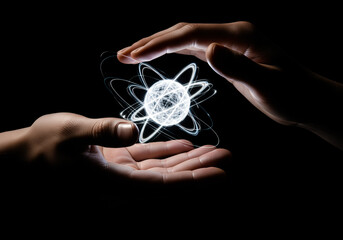 Close up elderly hands passing a tiny luminous satellite model to young hands symbolic science exploration curiosity future learning