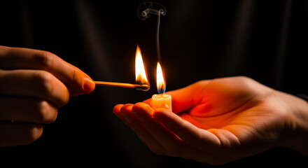 Close up elderly hands lighting a small flame in young hands symbolic memory guidance warmth continuity tradition