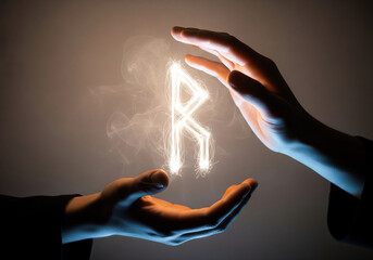 Close up elderly hands presenting a glowing rune to young hands symbolic tradition meaning guidance heritage cultural wisdom