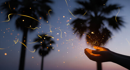 Close up elderly hands releasing a swarm of tiny fireflies into young hands symbolic inspiration wonder hope intergenerational connection