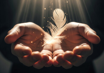 Close up elderly hands releasing a luminous feather into young hands symbolic meaning responsibility kindness wisdom
