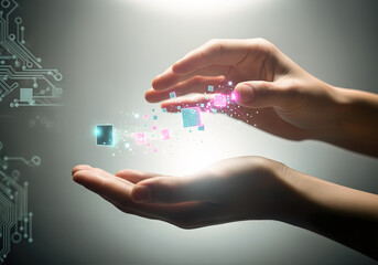 Close up elderly hands passing a cluster of floating pixels to young hands symbolic technology knowledge code evolution mentorship