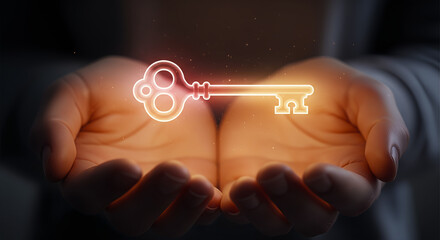 Close up elderly hands passing a heart shaped light key to young hands symbolic trust love wisdom responsibility