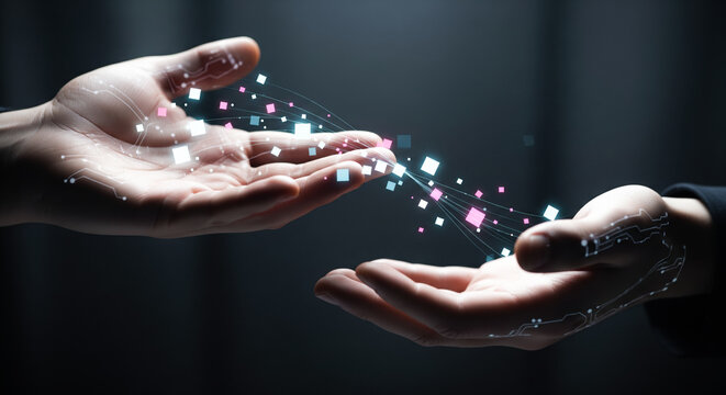 Close up elderly hands passing a cluster of floating pixels to young hands symbolic technology knowledge code evolution mentorship