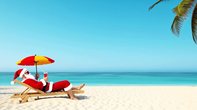 A serene beachscape depicts a Santa Claus figure relaxing on a wooden chair, basking in the sun and enjoying the tranquil ocean waters tranquil beach scene
