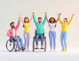 Naklejka premium 3D Illustration of Diverse People and Friends in Wheelchairs Celebrating Together