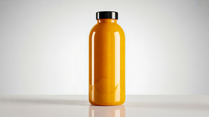 Isolated minimalist glass bottle filled with bright orange juice and sealed with a simple black cap on white.