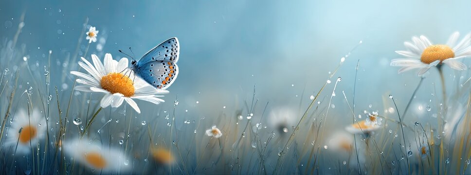 Blue butterfly rests on a white daisy in a field of dewy grass under soft light - Powered by Adobe