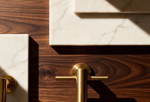 A modern flat lay of luxury interior design materials. A material palette with dark walnut wood, white marble, and brushed brass hardware. Geometric composition with strong light and shadow