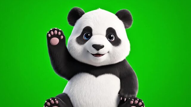 Cute cartoon panda waving on green background
