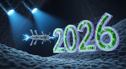 Close-up of microscopic nanobots, floating near a bright abstract 3D visualization of the number '2026' woven into DNA strands or cellular structures