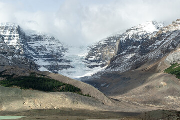 Glacier on steep cliffs in Jasper National Park, Canadian Rockies