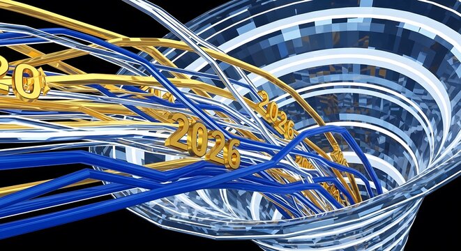 A dynamic cascade of abstract financial data graphs (bull and bear market lines) flowing through a colossal, crystalline digital funnel