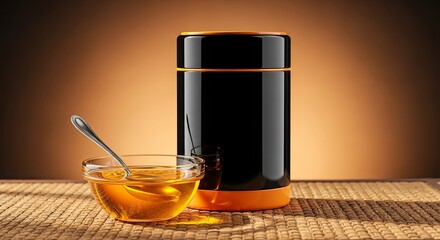 Honey jar and bowl with spoon on wooden surface against brown background
