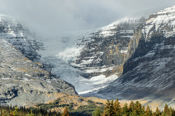 Glacier on steep cliffs in Jasper National Park, Canadian Rockies