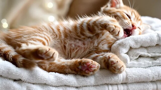 Kitten, lying, 4k, uhd Adorable felines snuggle up in cozy towels, basking in warmth and serenity, capturing the concept of comfort and relaxation, perfect for visual media projects seeking.