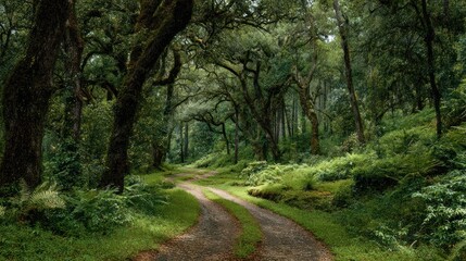 Fototapeta premium Serene Forest Pathway Surrounded by Lush Greenery and Trees