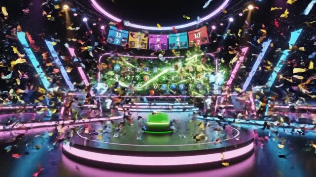 Exciting game show stage with buzzers and question marks