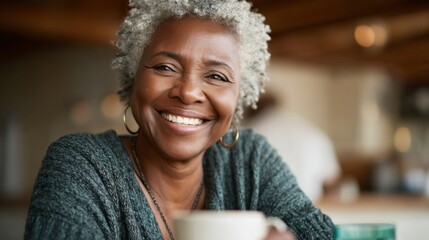 A joyful senior woman shares precious moments with her family over steaming cups of tea in a cozy cafe. Laughter and warmth fill the air as they bond together