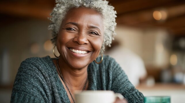 A joyful senior woman shares precious moments with her family over steaming cups of tea in a cozy cafe. Laughter and warmth fill the air as they bond together - Powered by Adobe