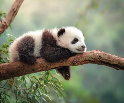 Adorable baby panda cub peacefully napping on a sturdy tree branch in nature