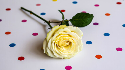 Single delicate cream white rose on a white surface decorated with bright multicolored confetti dots, perfect for celebration.