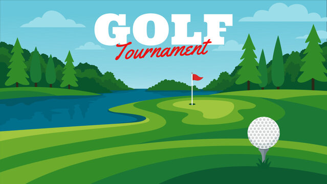 Golf club banner with lake and green course illustration. Golf event poster with water hazard and red flag in flat design. Summer golf championship background with scenic nature course vector