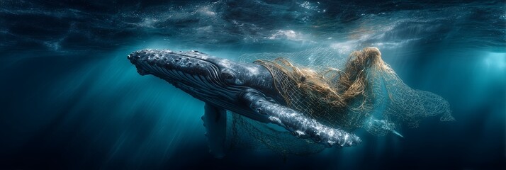 Entangled Whale. A majestic humpback whale swims through deep blue waters, tangled in orange fishing nets. Ocean pollution and marine life struggle.
