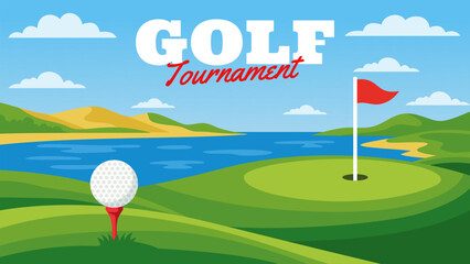 Golf event poster in coastal outdoor landscape flat design. Golf tournament banner in flat vector style with sea and green course. Golf competition banner with seaside field, ocean view, putting green