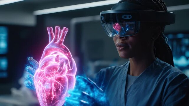 Female doctor in AR headset examining glowing holographic human heart - Powered by Adobe
