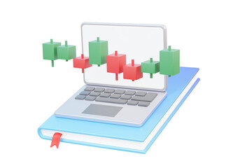 Computer laptop with book learn education analysis stock currency buy sell  investment trading price market business financial fund exchange management concept. 3D rendering illustration
