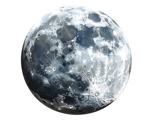 Artistic rendering of a celestial body with craters, shadows, and reflective surface