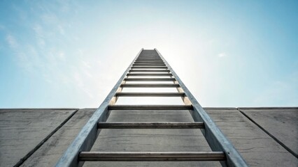 A perspective view of a tall ladder reaching towards a bright sky, symbolizing elevation, aspiration, and the journey towards goals.