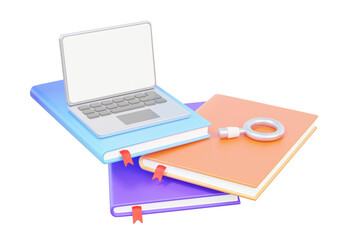 Computer laptop white screen with book creative knowledge education online search internet information website classroom technology concept. learning training. 3D rendering illustration
