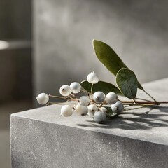 White Berries And Leaves On Grey Concrete Surface