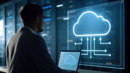 A professional examining cloud technology on a laptop, connected to a digital interface displaying cloud computing graphics.